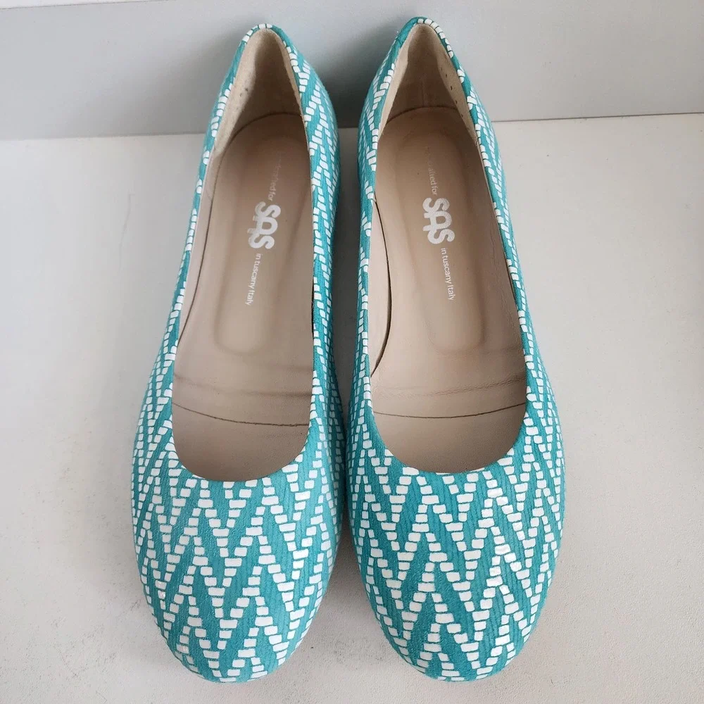 SAS‎ Womens 7.5 Lacey Teal White Chevron Geometric Ballet Flats - $245 MSRP